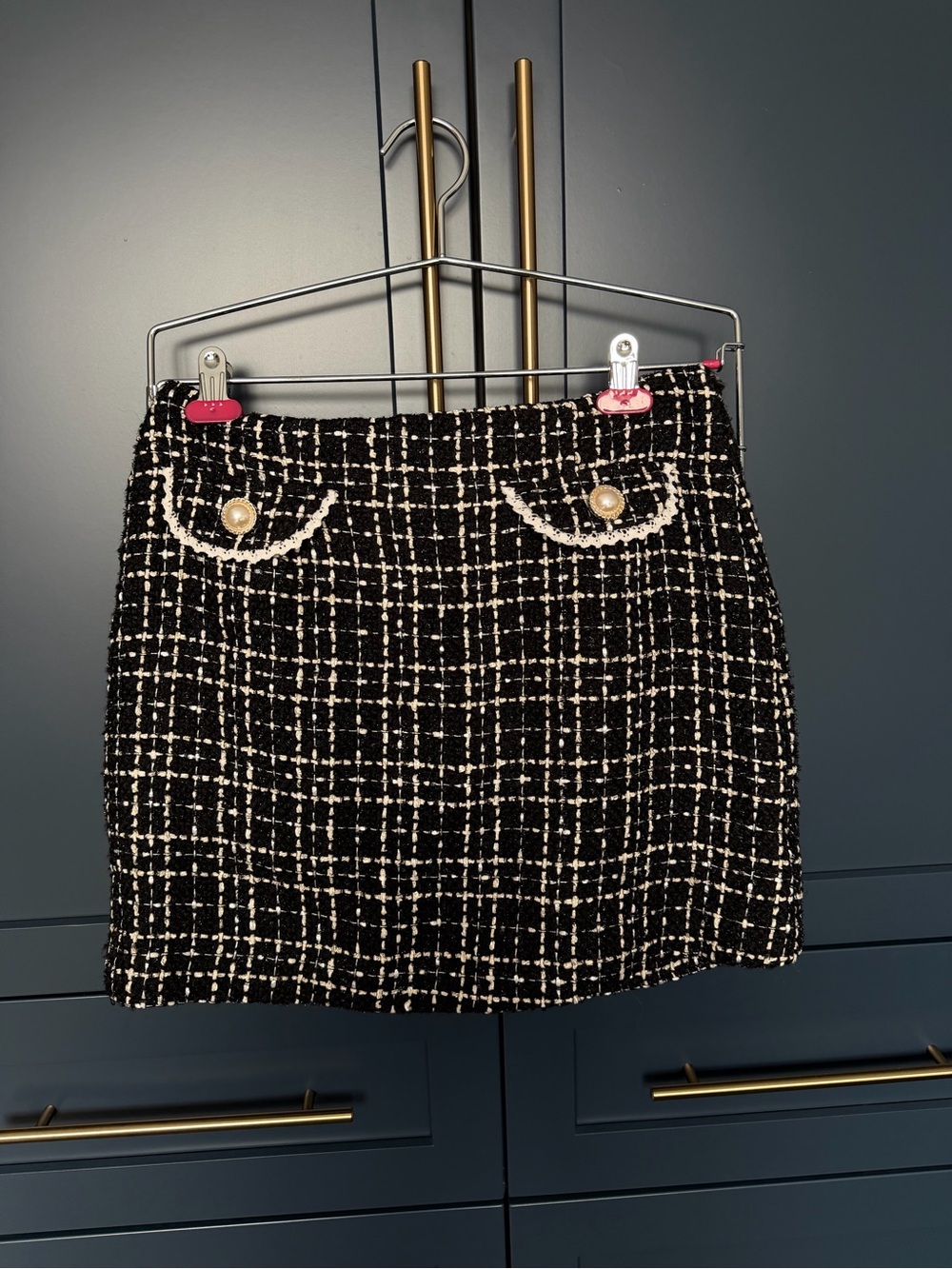 Alexia Admor Black and White Tweed Mini Skirt with Pearl Buttons